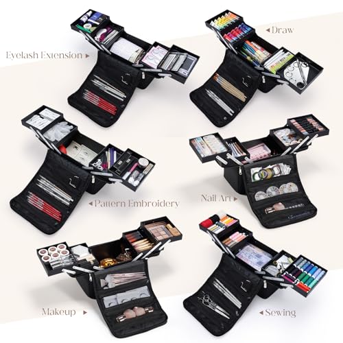 Yueieoun Large Makeup Case,Nail Bag with 4 Tier, Travel Makeup Box Organizer,Nail Kit Storage Tattoo Bag Make Up Case for women/Nail Art/Eyelash Extension/Tattoo/MUA, with luggage sleeve, Black - size: Medium