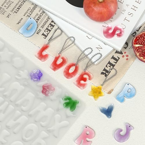 Anlan-angel Alphabet Keychain Molds with Hole, 121Pcs Reversed Alphabet Silicone Molds for Resin Letter Number Epoxy Casting Molds Keychain Making Kit with Key Ring O Ring for Resin Crafts