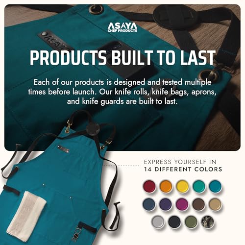 Asaya Chef and BBQ Apron with Bottle Opener and Hand Towel - 10oz Cotton Canvas, Stainless Steel Hardware - Cross Back Straps - color: Blue-green