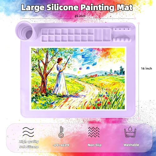 Silicone Painting Mat, 20"X16" Craft Mat,Large Art Mat with Built in Cup and Paintbrush Holder, Nonslip Clay Mats, Color Dividers Silicone Mats for Painting, Table, Resin and DIY Purple - color: Purple