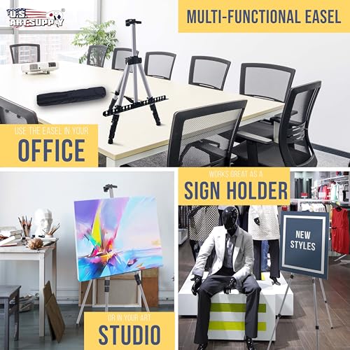 U.S. Art Supply 66" Silver Metal Tripod Easel Display (2 Pack) - Adjustable 18"- 5.5', Holds 36" Canvas - Floor/Tabletop Easel Stand, for Sign Display, Painting, Poster Board, Canvas - Portable Bag