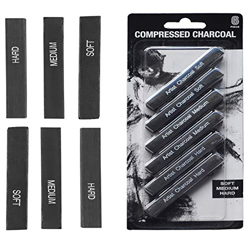 6 Pcs Square Compressed Drawing Charcoal Sticks Artist Charcoal Pastel Pencils for Sketching Drawing Artist Black Charcoal Sticks Assorted Soft Medium Hard for Art Student Supplies