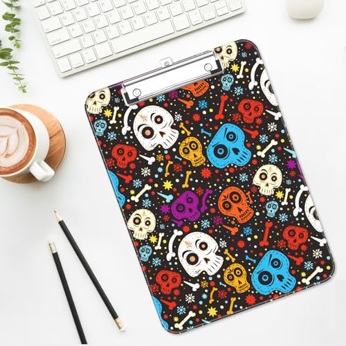 Plastic Cute Clipboard Low-Profile Metal Clip, A4 Letter Size 9 x 12.5 in, 8.5 x 11 Paper Clip Board for Teachers, Nurses, Classroom,Cute Skulls - color: Cute Skulls