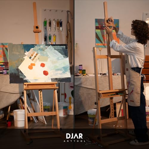 DJAR Large H-Frame Art Easel for Painting, Hold Canvas up to 49’’, Natural | Solid Beech Wood Adjustable Floor Stand with Storage Tray, Premium Art Supplies for Professional Artists, Students and Adults