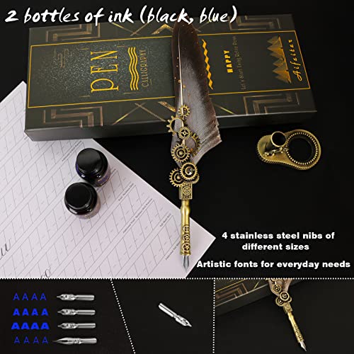 Aifeiter Feather Pen ink Set,Calligraphy Pen Set,Includes:Quill Pen,2 Bottles of Color ink,2 in one Holder,4 Stainless Steel Nibs,Black Gift Box-Grey - color: Grey1