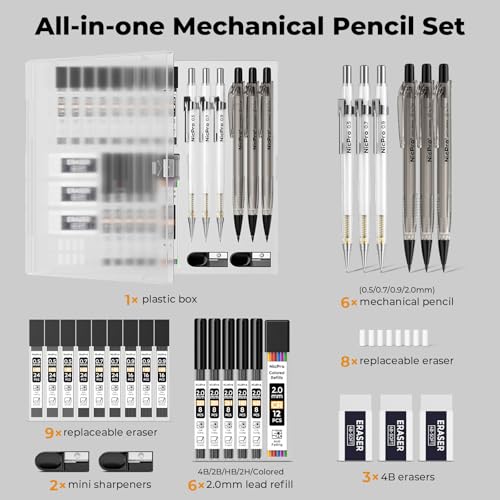 Nicpro Professional Mechanical Pencil Set – 0.5 0.7 0.9 mm Drafting Pencils & 3PCS 2mm Lead Holder, 6PCS Drawing Pencil Kit with Case, Lead Refills & Erasers for Sketching, Writing, Drafting - style: 0.5 0.7 0.9 2.0