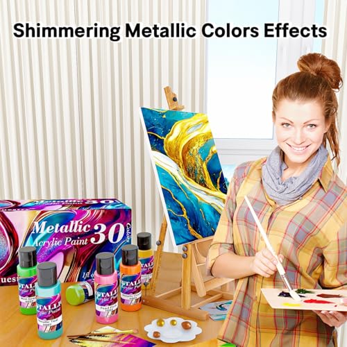 Metallic Acrylic Paint Set of Premium 30 Colors, Professional Grade Metallic Paint with 1fl oz(30ml) Bottles, Non-Toxic, Rich Pigments - For Artists, Hobby Painters, Kids
