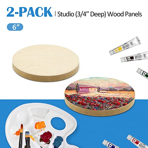 Falling in Art Unfinished Round Birch Wood Panels Kit for Painting, Wooden Canvas 2 Pack of 6 Studio 3/4" Deep, Cradle Boards for Pouring, Art, Crafts, Burning and More - size: 6' round 2 Pack