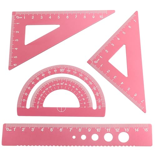 4 Pcs Triangular Ruler Set, Aluminum Alloy Geometry Tools, Metal Drafting Ruler for Students, Draftsmen, Engineers, School Office Supplies with Protractor & Metric Scales (Pink) - color: Pink