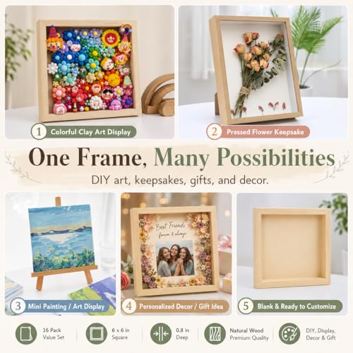 16 Pcs Unfinished Wood Picture Frames, 5.9 x 5.9 in Square DIY Deep Frames, Natural Wooden Frame Blanks for Crafts, Painting, Wall Decor and Gift Projects