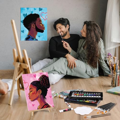 Cholemy 36 Pcs Paint and Sip Kit for Adults 8''x10'' Pre Drawn Canvas for Painting DIY Afro Acrylic Painting Kit Wood Easel Brushes Date Night Bulk for Summer 4th of July Party Gift(Couple) - style: Couple