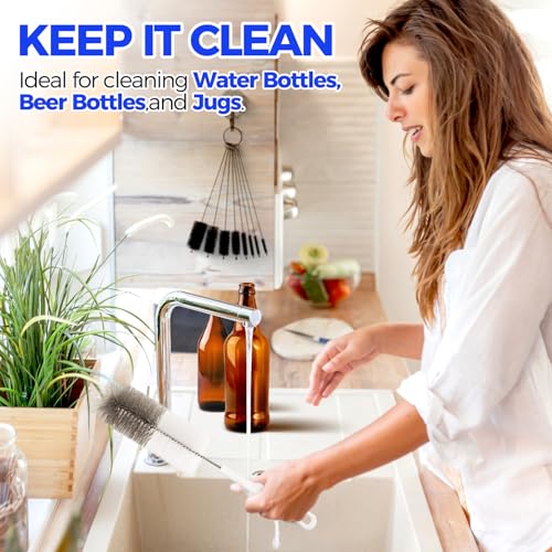 Holikme 10 Pack Bottle Brush Cleaner Set, 15" Long Handle Bottle Cleaner Brush, Flexible Long Handle Water Bottle Brush for Narrow Neck Beer Wine, 8 Straws, Abrasive Spiral Brushes, White Grey