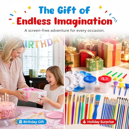 BigOtters Painting Brushes, 45PCS Kids All Purpose Paint Supplies Include Paint Cups with Lids Palette Tray Multi Sizes Brush for Children Gifts School Prizes Art Party