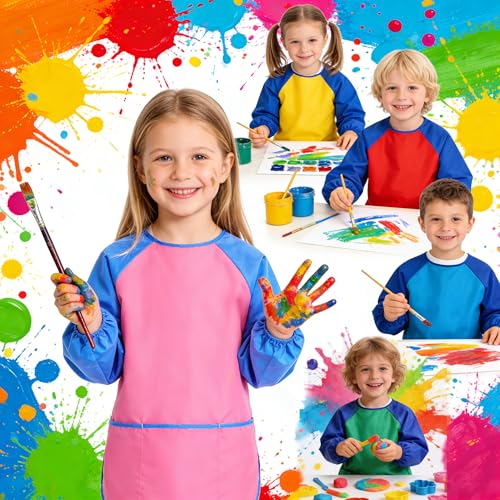 2 Pack Kids Art Smock Waterproof with Long Sleeve and 3 Roomy Pockets Artist Children Aprons for Toddlers Age 3-8 Painting Crafts(Pink) - color: 2 Pack Pink