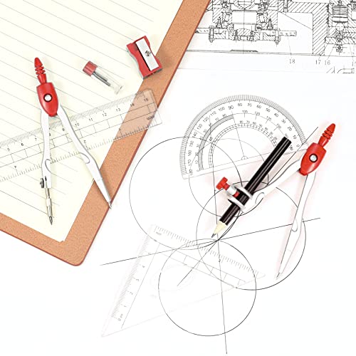 Vobou Math Geometry Kit Sets 10 Piece Student Supplies with Shatterproof Storage Box,Includes Rulers,Protractor,Compass,Eraser,Pencil Sharpener,Lead Refills,Pencil,for Drafting and Drawings(Red) - color: Red