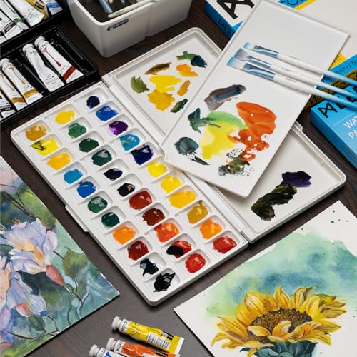 MEEDEN Watercolor Palette with Lid: 33 Wells Airtight Folding Paint Palette with Large Mixing Tray - Empty Acrylic Painting Art Pallet 12.5''x 6.5'' Yellow - color: Yellow