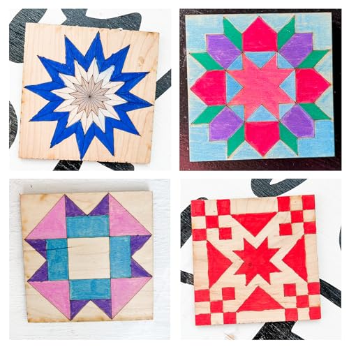 9" Barn Quilt Kit Set 4 | Patch Star, Aztec, Swoon, Starburst | Paintable unfinished wood quilt blocks for DIY party crafts, farmhouse wall art, quilting decor, and handmade gifts. - size: 9 inches (set of 4), style: Butterfly, Patchwork Star, Dresden Flo