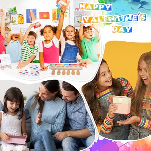 Skyygemm 24 Sets Valentines Day Gifts for Kids Valentines Cards Mini Painting Canvas Panel with Wooden Easel Watercolor Paints Brush Kit for School Classroom Exchange Gifts (Rainbow) - style: Rainbow