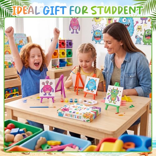 Eaasty 24 Set Mini Acrylic Paint Kit for Kids Monster Watercolor Painting Set Acrylic Paint Canvas Brushes Easel with Cards Bulk for Summer Themed Party Gifts Favor Kids Artists Beginner
