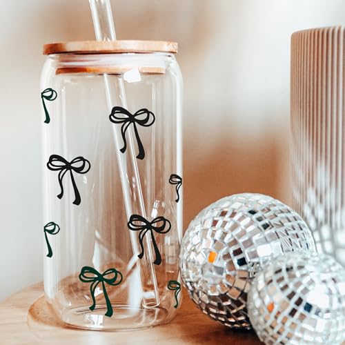 BIPEDS Cute Black Bow Glass Cup with Lid and Straws, Iced Coffee Smoothie Matcha Cup Tumbler, Birthday Gifts for Women Coffee Lover Teenage 13 14 15 16 17 18 19 years old Teen Girl Gifts Trendy Stuff - color: 04-Bow-Black