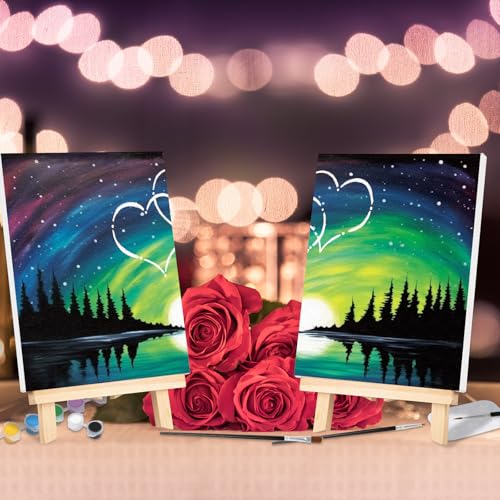 VOCHIC Sip and Paint Kit for Adult,2 Pack Pre Drawn Canvas Couple Painting Kit Date Night Couples Paint Art Set with Outline Canvas Polar Night Sky Valentine (8 x 10 Inches) - style: Polar night sky