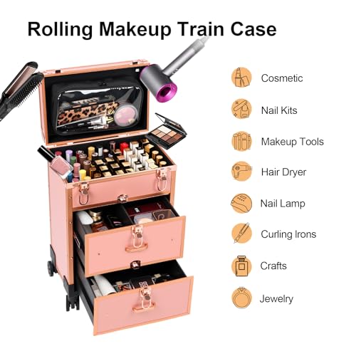 3 in 1 Rolling Makeup Case, Professional Cosmetology Case on Wheels, Detachable Clear Makeup Bag & Nail Polish Organizer, Portable Makeup Trolley with Drawers for Makeup Artists & Nail Technicians - color: Rose Golden