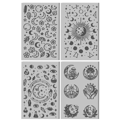 4 Sheets Moon Pattern Clay Texture Mat Phase Divination Elements Polymer Clay Texture Sheets DIY Tools for Pottery Earring Jewelry Making Stamp Engraving Machines, 3.9x2.6inch - style: Divination Elements
