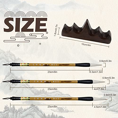 3 Sizes Chinese Writing Brush with Wood Rack Pen Rest, Calligraphy Brush Set, Sumi Painting Drawing Brushes, Kanji Art Brushes for Professional Beginners (Large, Medium, Small Size)