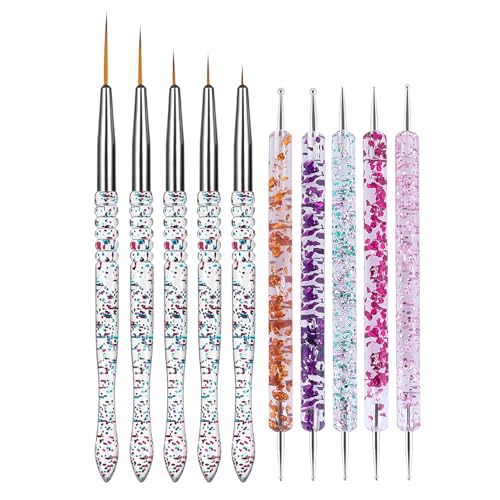 10Pcs Nail Art Brush Set, 5Pcs Double-Ended Dotting Tools & 5Pcs Fine Liner Brushes, Nail Design Brushes Kit for Detailing, Dotting & Striping Designs - color: 10Pcs Art Brushes