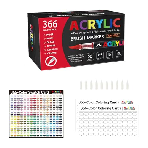 Bisofice Acrylic Paint Markers Set with Nylon Brush Tip Fast Drying Ink for Rock Glass Wood Ceramic Canvas Fabric Plastic Metal Tire Leather Smooth Coverage with 10pcs Elastic Nib (366)