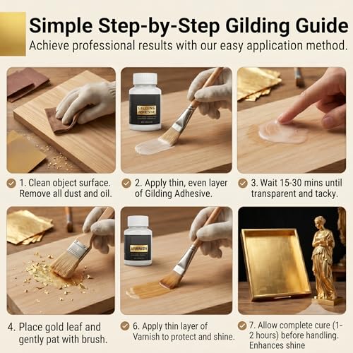 Gold Leaf Adhesive,100ml /3.52oz Water-Based Gold Leaf Glue & 100ml /3.52oz Protective Varnish with 2 Brushes - Ideal for Craft, Painting, Arts, DIY Projects - color: Gold (without gold leaf)