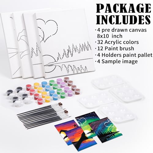 Sip and Paint Kit for Adults,Pre Drawn Canvas 4 Pack Painting Kit Party Date Night Couples Paint Art Canvas Set Valentine 8x10 in - size: 8x10, style: style 11