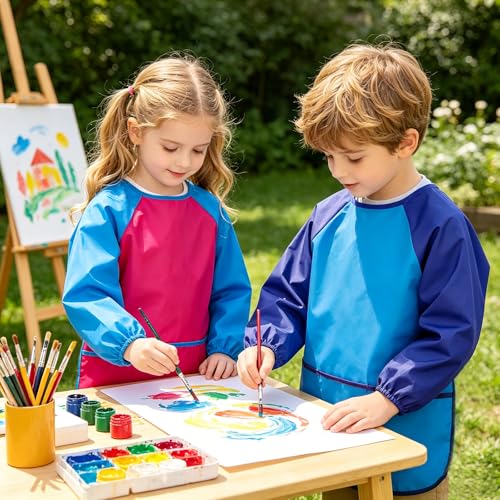 2 Pack Kids Art Smock Waterproof with Long Sleeve and 3 Roomy Pockets Artist Children Aprons for Toddlers Age 3-8 Painting Crafts(Rose Red+Lake Blue) - color: 2 Pack Rose Red+lake Blue