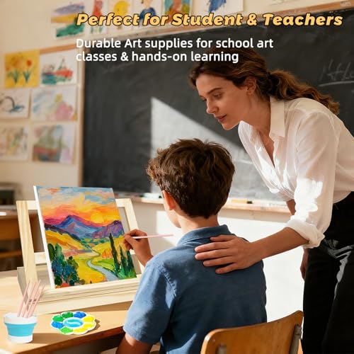 Portable Tabletop Easel Set 24-Piece Acrylic Paints Brushes Canvases | Non-toxic 12 acrylic paints, brushes, canvases & boards, travel-friendly wooden art kit for beginners - size: art easel box-24pk
