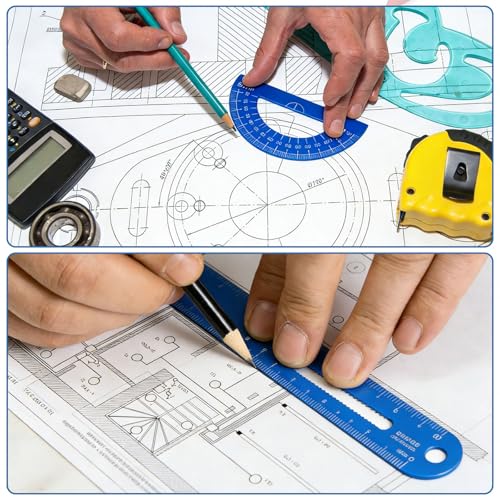 HARFINGTON 8pcs Triangular Ruler Set 15cm/6" Aluminum Alloy Straight Geometric Protractor Triangle Engineering Scale Drafting Ruler Kit Measuring Drawing Tool for Classroom Office Home, Blue - color: Blue