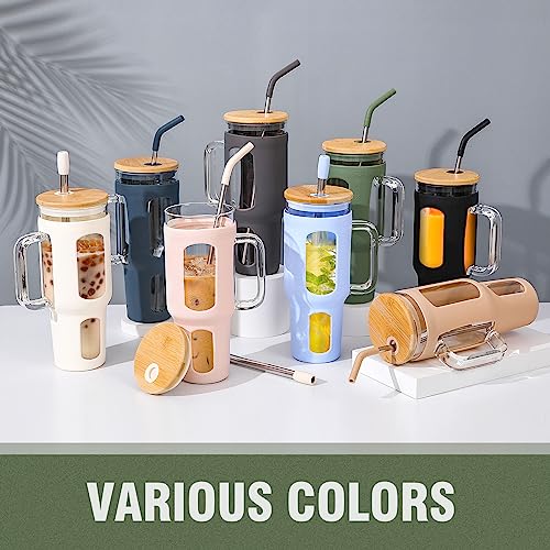 WINSA Glass Tumbler with Lid and Straw, 46 oz Iced Coffee Cup with Handle, Large Water Bottles with Silicone Sleeve, Glass Cup with Straws - Pearl Straw & Drinking Straw BPA Free-Olive - color: Olive, size: 46 Ounces