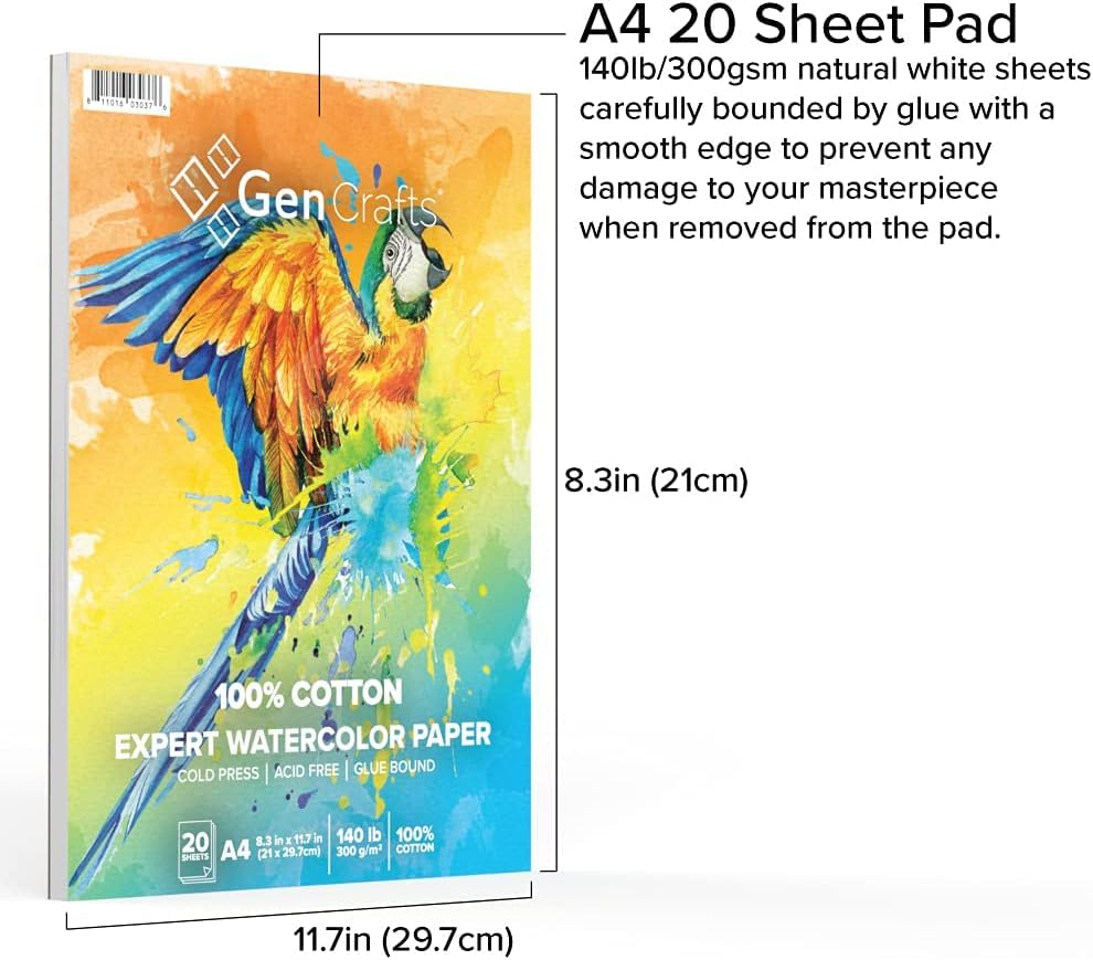 GenCrafts 100% Cotton Watercolor Paper Pad - A4 8.3x11.7-20 Sheets (140lb/300gsm) - Cold Press Acid Free Art Sketchbook Pad for Painting & Drawing, Wet, Mixed Media