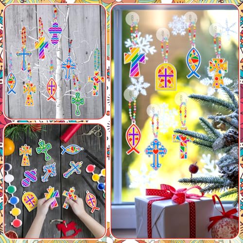 WinnerWhy 30 Sets Christian Cross Craft Kits Bulk, Religious VBS DIY Suncatcher Paint Your Own Cross Window Art Ornaments for Sunday School Church Activity Party Supplies Decoration - style: Cross Style