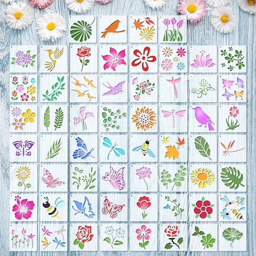 Marspark 72 Pcs Small Stencils for Crafts Reusable 3 Inch Stencils for Painting on Wood DIY Craft Paint Template for Wall Home Decor Card Rock Canvas Drawing Holiday (Flowering Plants) - style: Flowering Plants