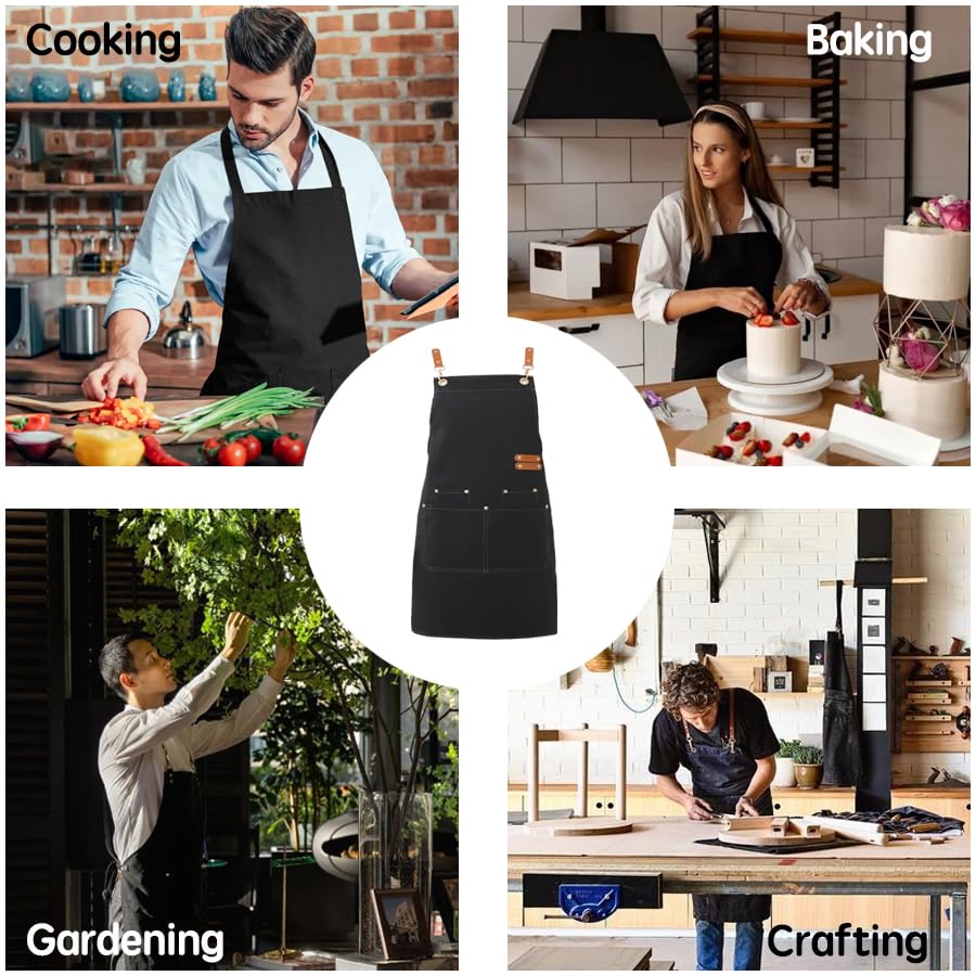 Chef Apron for Men & Women – Heavyweight Waterproof Canvas with Cross-Back No-Neck-Pain Design, 4 Pockets & Genuine Leather Ties, Adjustable Cooking Apron for BBQ Grilling Coffee Shop