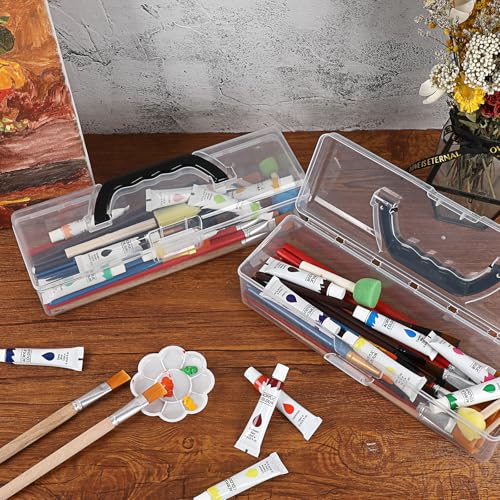 BTSKY 3 Pack Clear Plastic Painting Brush Container with Black Handle, Portable Long Paintbrush Case, Drawing Tools Storage Box, Practical Art Supply Organizer for Artist Crafters, 11.8"x3.5"x3.4"