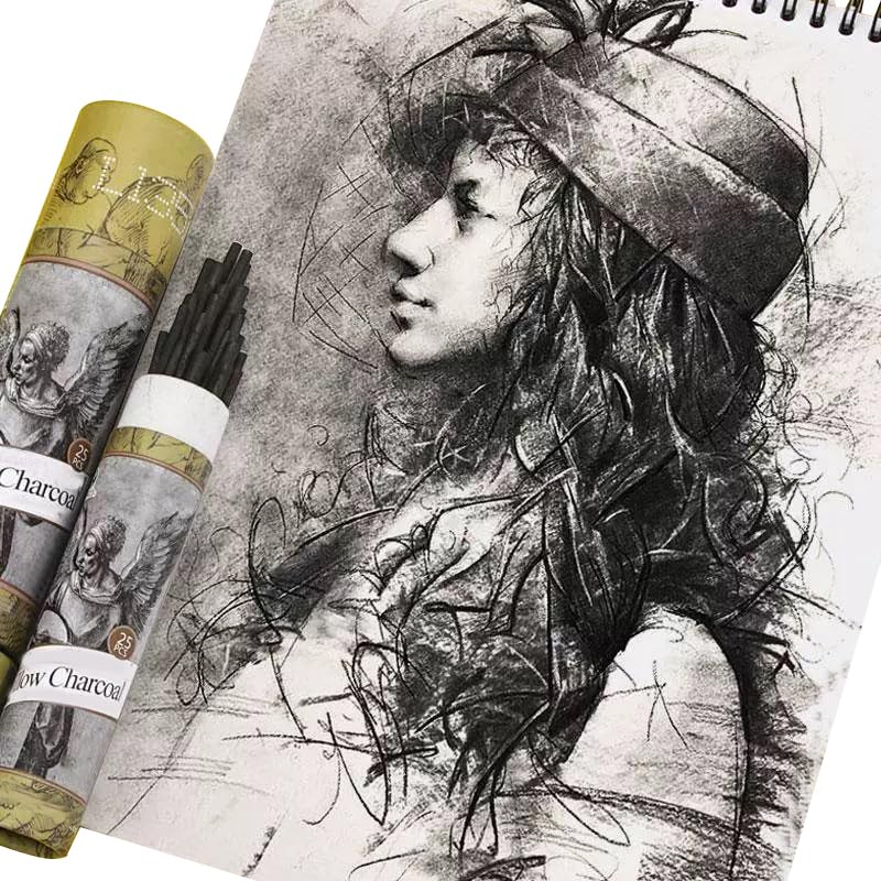 Willow Charcoal Sticks - Natural Willow Charcoal for Artists, Beginners, or Students of All Skill Levels - Perfect for Drawing and Sketching, Approx. 5-7mm Dia, 25 Sticks - style: 5-7mm