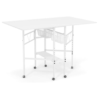 Sew Ready Folding Sewing Craft Table with Storage, Adjustable Height Cutting Desk with Drawers and Wheels for Quilting, Fabric, and Hobby Room, White - color: White / White