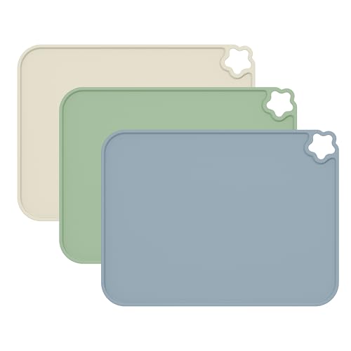 Silicone Placemat for Toddles Kids Non-Slip Reusable Portable Kids Placemats for Dinning Table Heat Resistant Placemats, Baby Placemat Stain Resistant Silicone Mat for Dining Table 3 Pack - color: Blue/Green/Off-white
