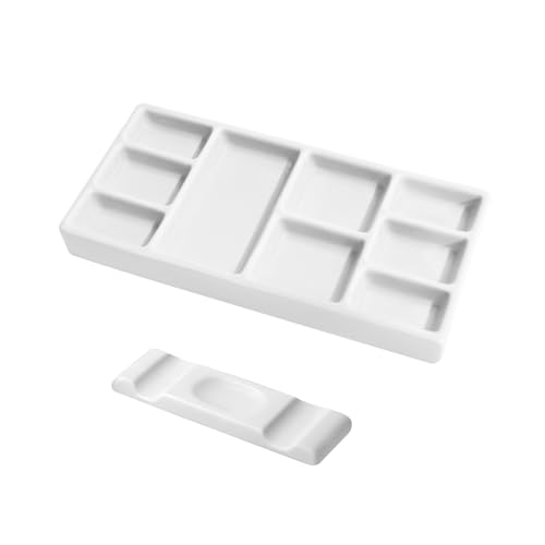 9-Well Glazed Ceramic Paint Palette, Stay Wet Porcelain Palette for Watercolor & Acrylic, White Artist Mixing Tray for Gouache, Oil and More - color: Bright White