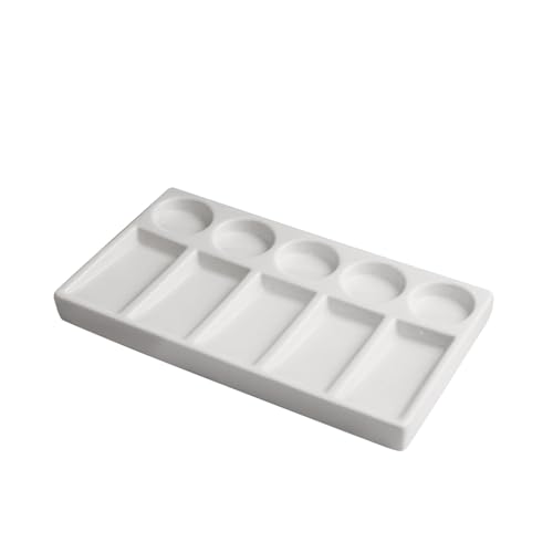 10-Well Rectangular Ceramic Paint Palette, White Eco-Friendly Porcelain Watercolor Palette with 5 Round 5 Square Wells, Artist Paint Tray for Watercolor Gouache Acrylic Oil Painting - color: Clean White-10