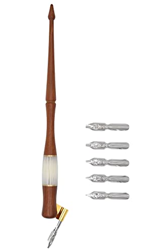 XIAOYU Oblique Wooden Pen Set, Calligraphy Set for Beginners, 5 Calligraphy Dip Pen Nibs, Brown - color: Brown