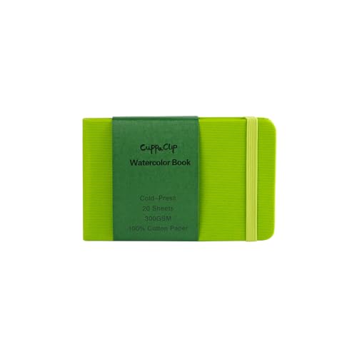 CuppaClip Watercolor Paper Cotton Cold Press with Inner Pocket Watercolor Sketchbook Journal As Travel Notebook 300 GSM 140 LB (Green-Cold Press, 5.82x3.74in) - color: Green-Cold Press, size: 5.82x3.74in