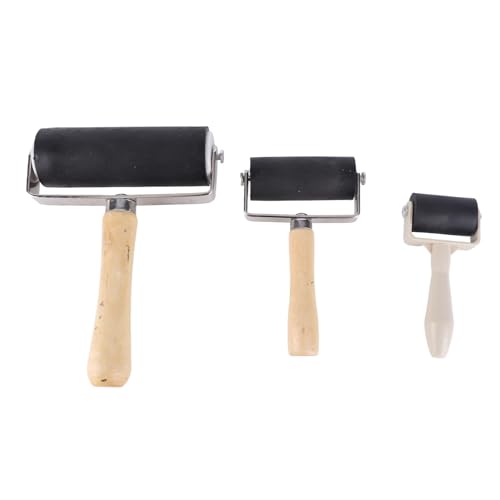 3Pcs Rubber Roller, Wooden Handle Non Slip Design with 3 Different Sizes, for Printmaking Ink Stamping Arts Crafts Home Decoration