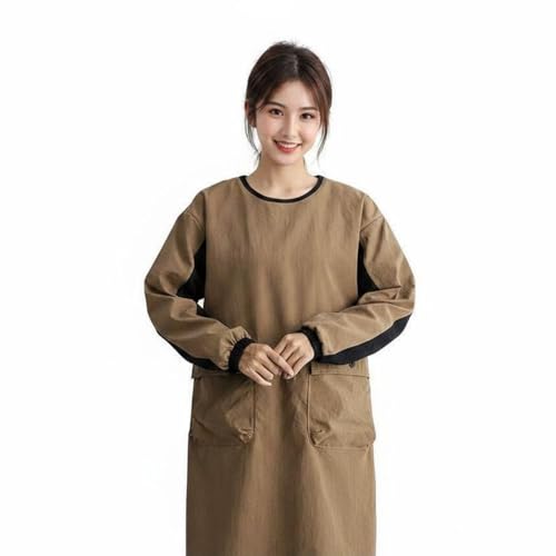 Waterproof Apron Painter Smock Oil Resistant Textured Nylon Long Sleeves with Secure Pockets Suitable for Restaurant Daily Activities, Array, Brown